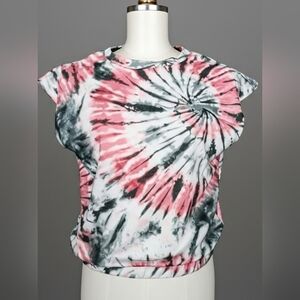 I.N. San Francisco Tie-Dye Short Sleeve Banded Waist Top - Pink, Green And White